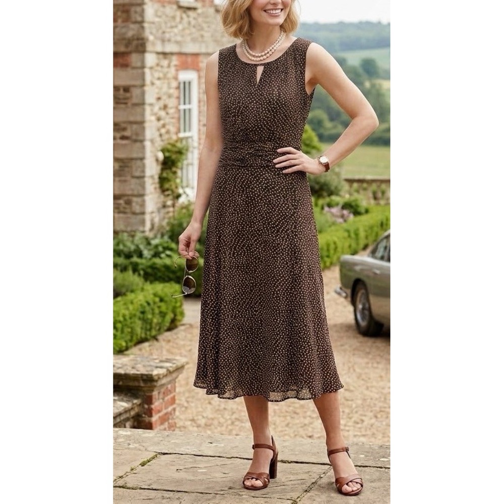 Talbots Vintage Pure Silk Polka Dot Midi Dress Women Sz 10 Brown Cream Y2K 90's